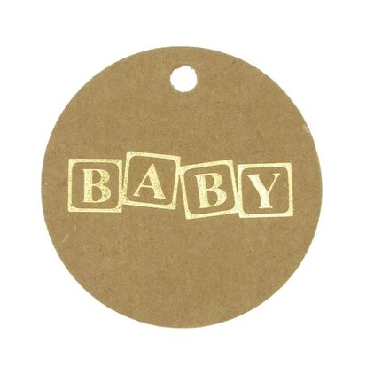 Label kraft rond met gouden babyblokken 10 stuks