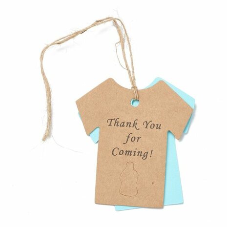 Kraft label thank you for coming shirt blauwe papfles, dubbel label en hennep touwtje 10 stuks