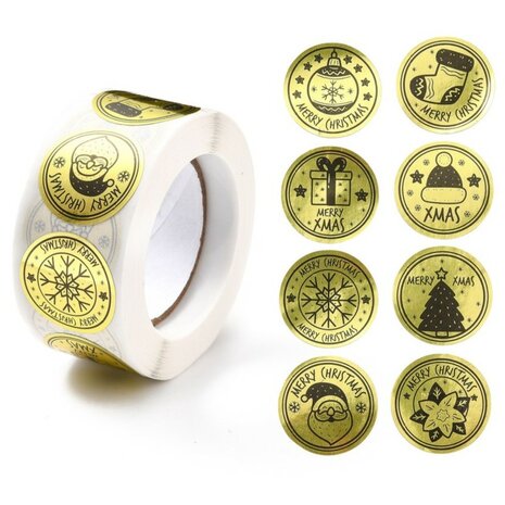 Ronde stickers goud metalic kerst printjes mix 10 stuks